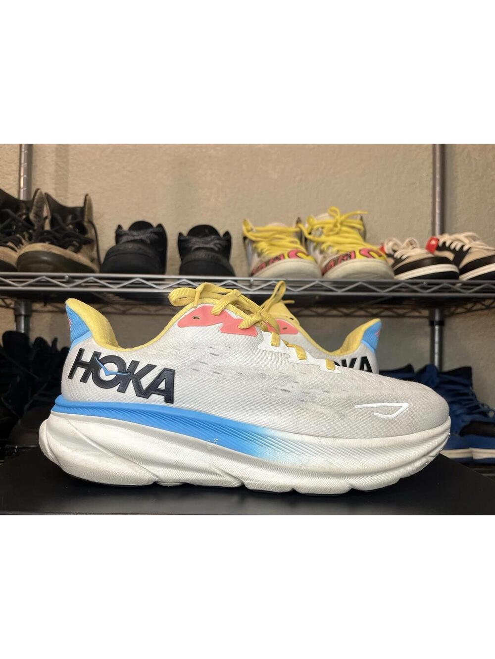 Hoka Clifton 9 Shoes Womens 10D White Blue Yellow Road Jogging Support Trainer